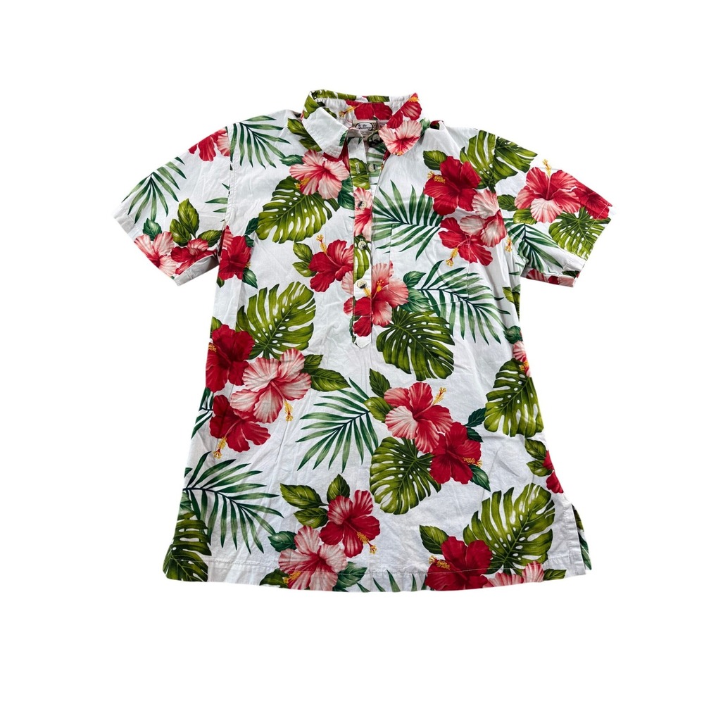 Go Barefoot Hawaiian Shirt Womens Medium White Red‎ Hibiscus Floral Cotton USA